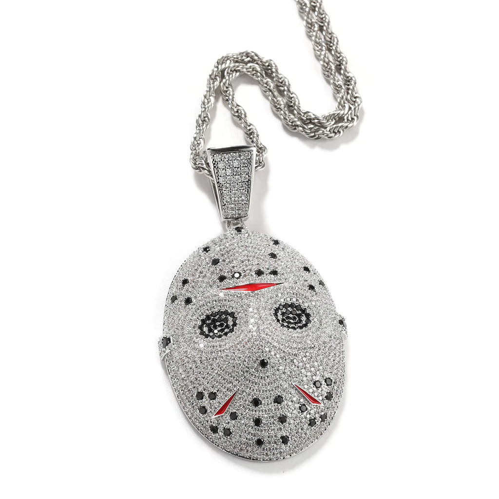 1163 |O| Brass Iced Out 5A CZ Jason-V Mask Pendant | Silver-Tone