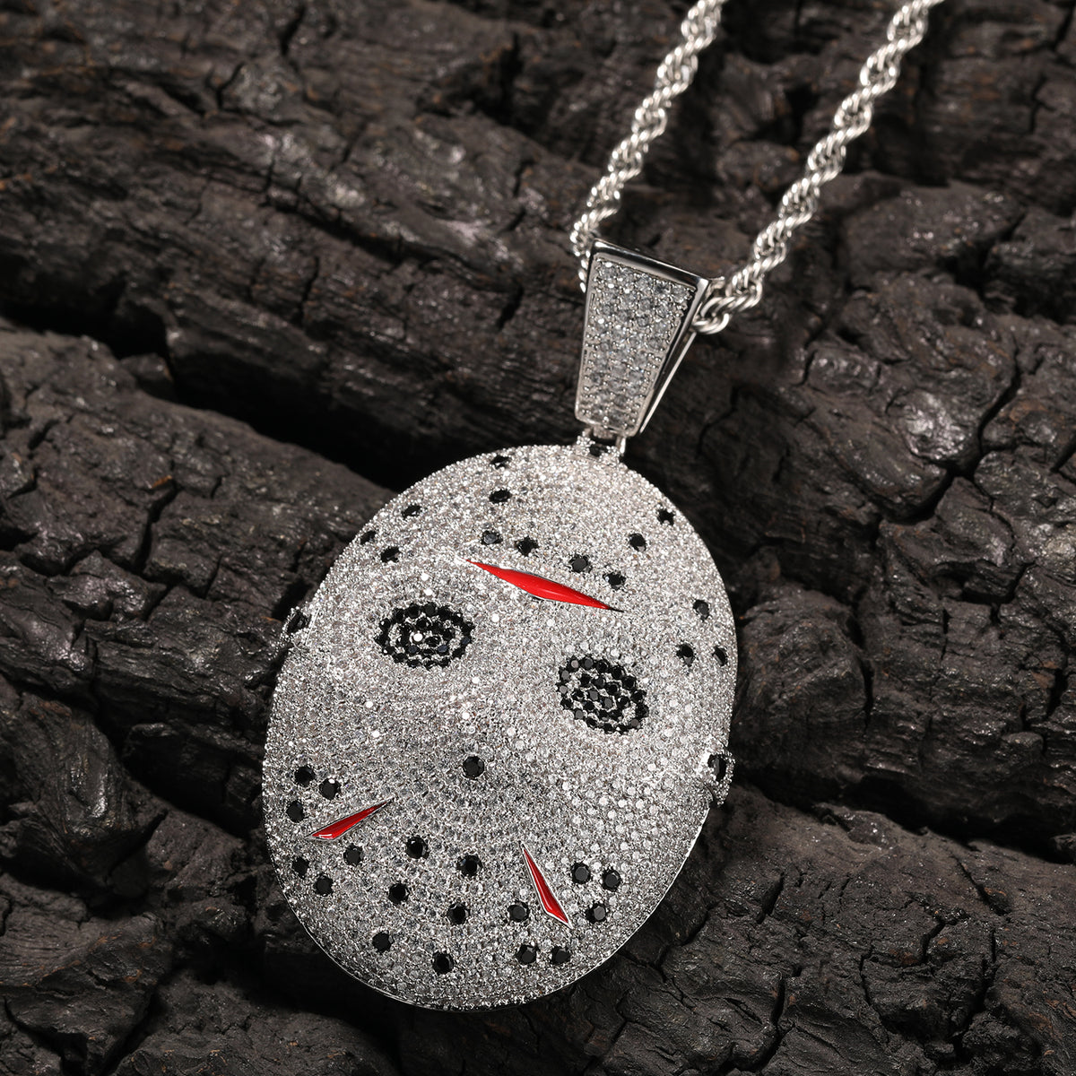 1163 |O| Brass Iced Out 5A CZ Jason-V Mask Pendant | Silver-Tone