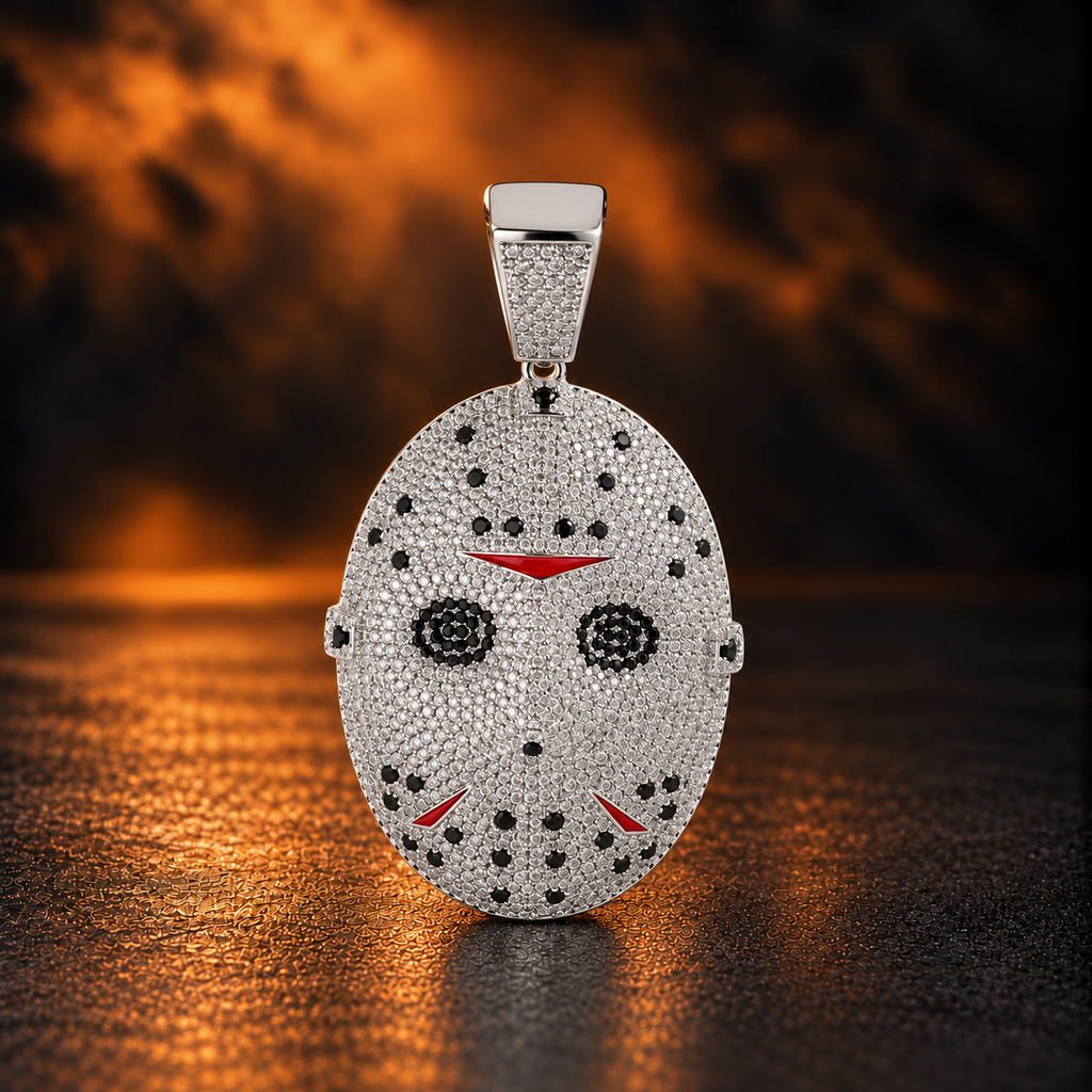 1163 |O| Brass Iced Out 5A CZ Jason-V Mask Pendant | Silver-Tone