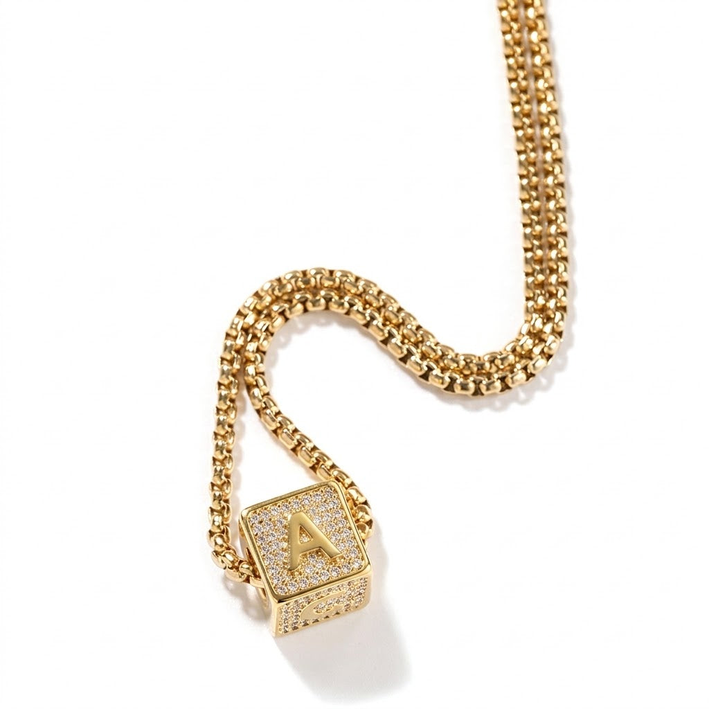 1164 |O| Gold-Plated Brass Iced Out CZ Letter A Square Pendant
