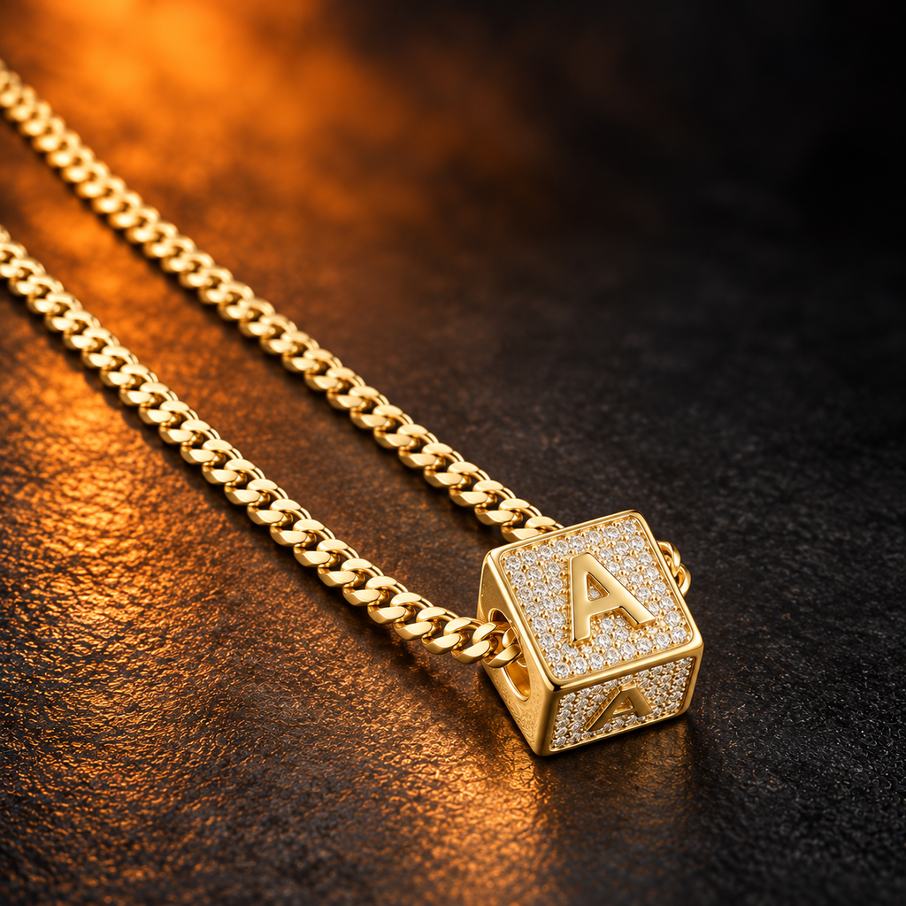 1164 |O| Gold-Plated Brass Iced Out CZ Letter A Square Pendant