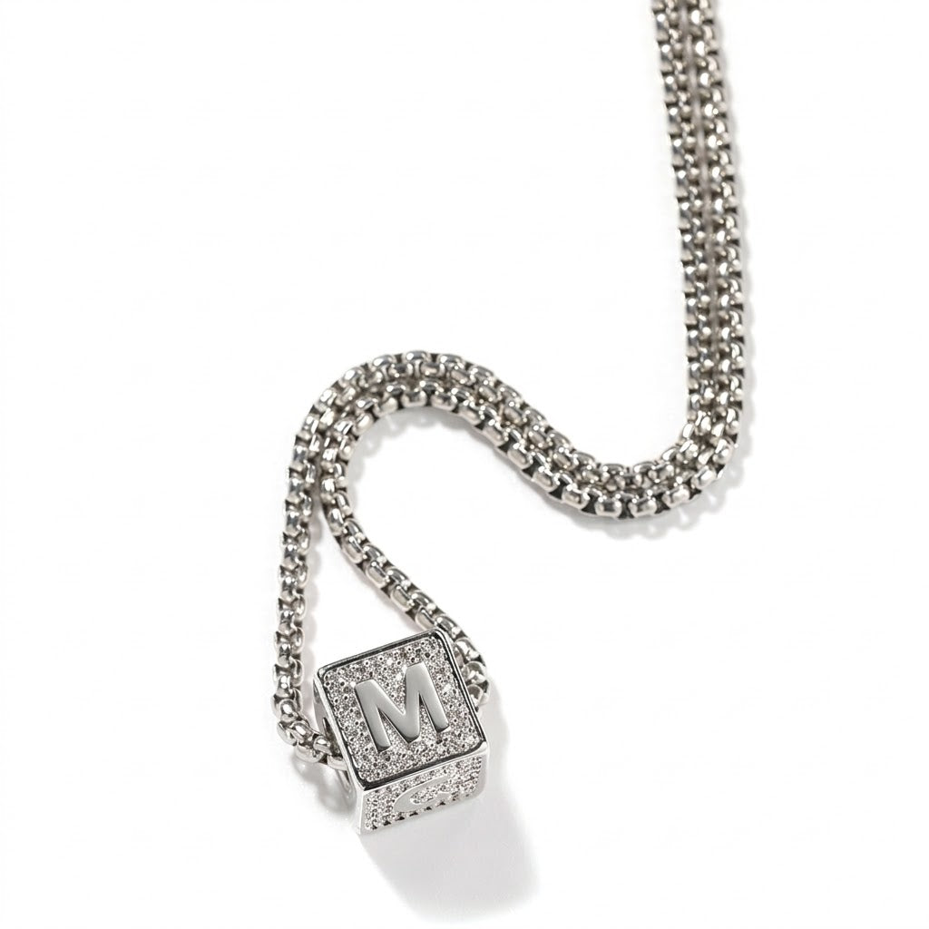1165 |O| Brass Iced Out CZ Letter M Square Pendant | Silver-Tone