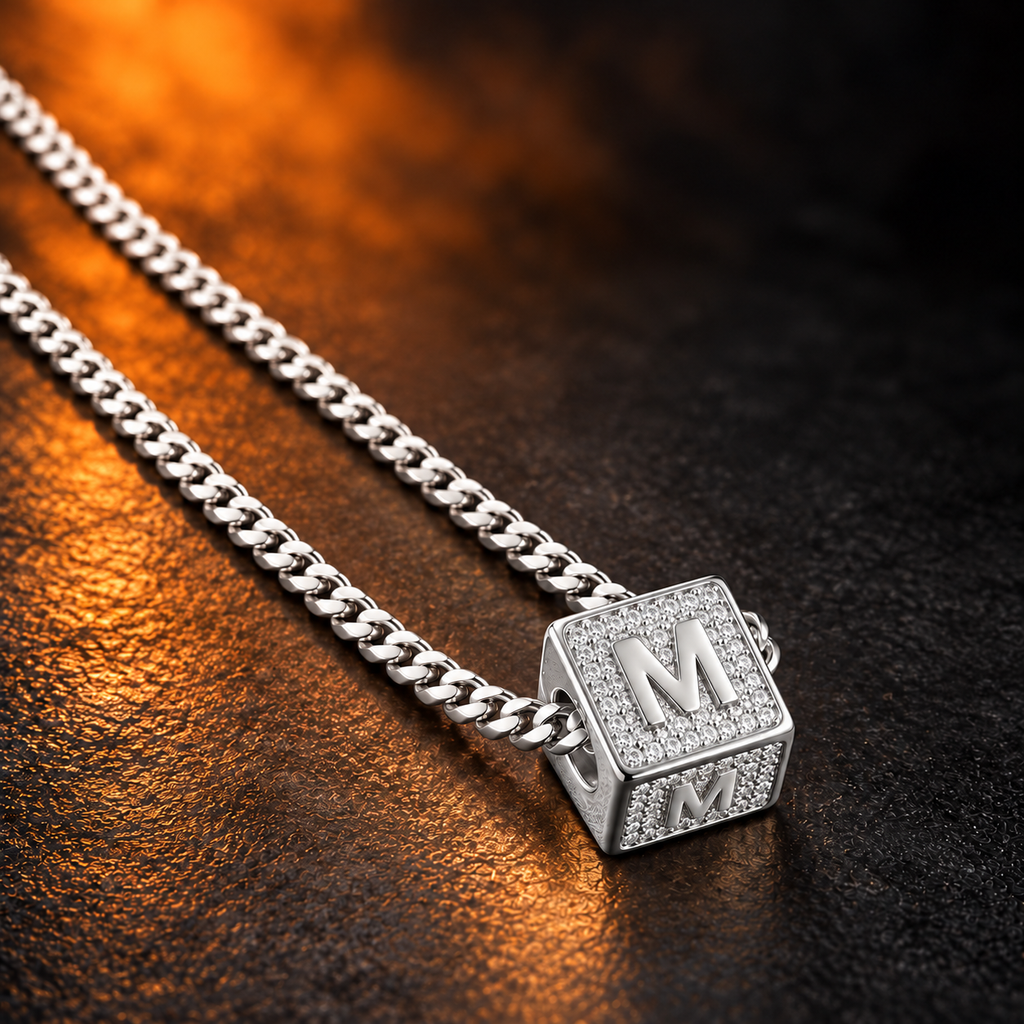 1165 |O| Brass Iced Out CZ Letter M Square Pendant | Silver-Tone