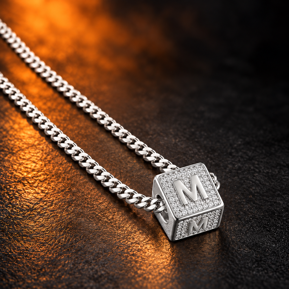 1165 |O| Brass Iced Out CZ Letter M Square Pendant | Silver-Tone