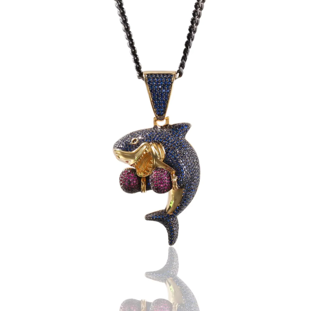 1166 |O| Gold-Plated Brass Iced Out CZ Boxing Gloves Shark Pendant