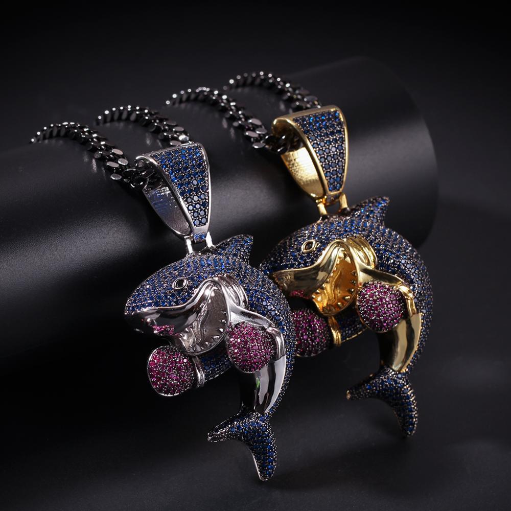 1167 |O| Brass Iced Out CZ Boxing Gloves Shark Pendant | Silver-Tone