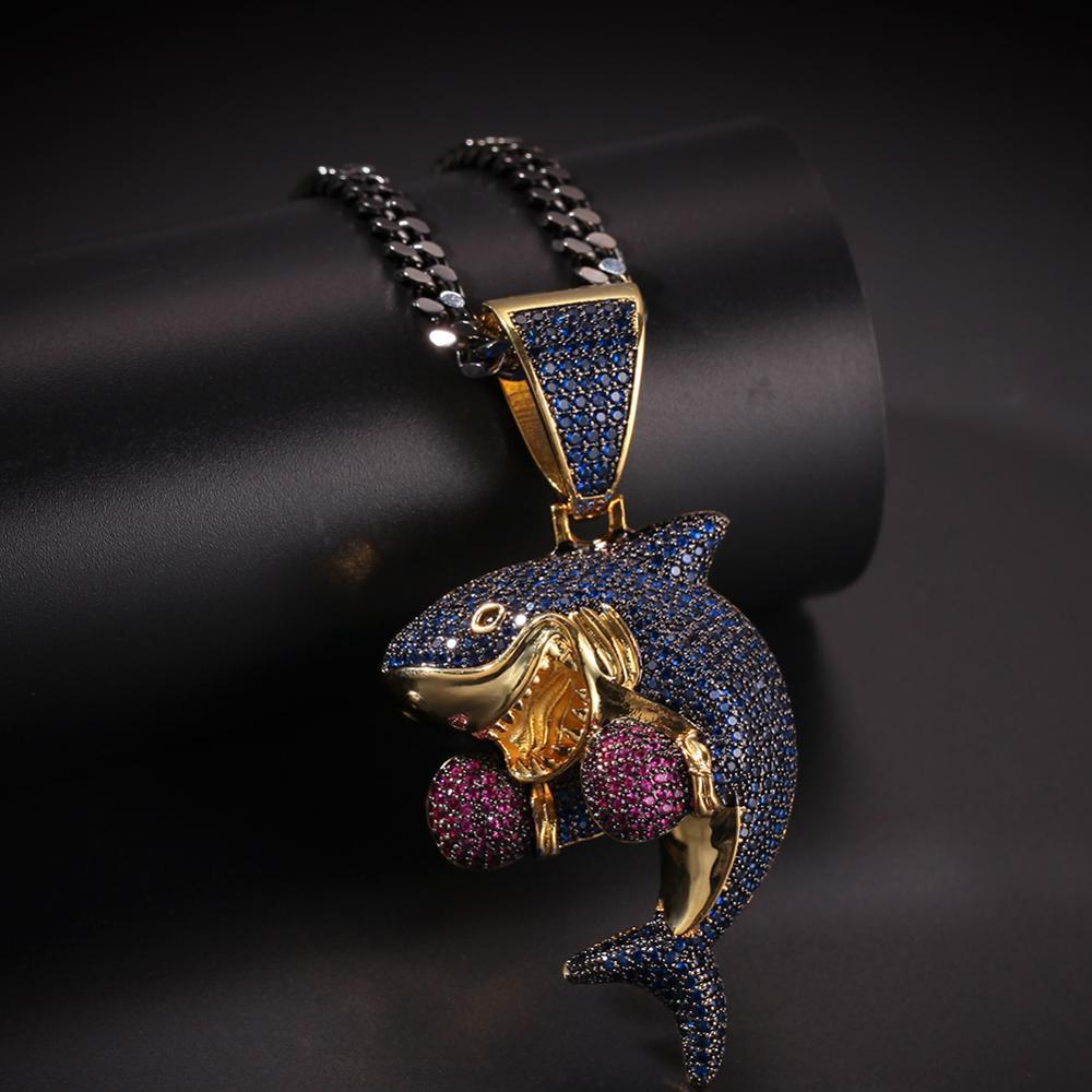 1166 |O| Gold-Plated Brass Iced Out CZ Boxing Gloves Shark Pendant