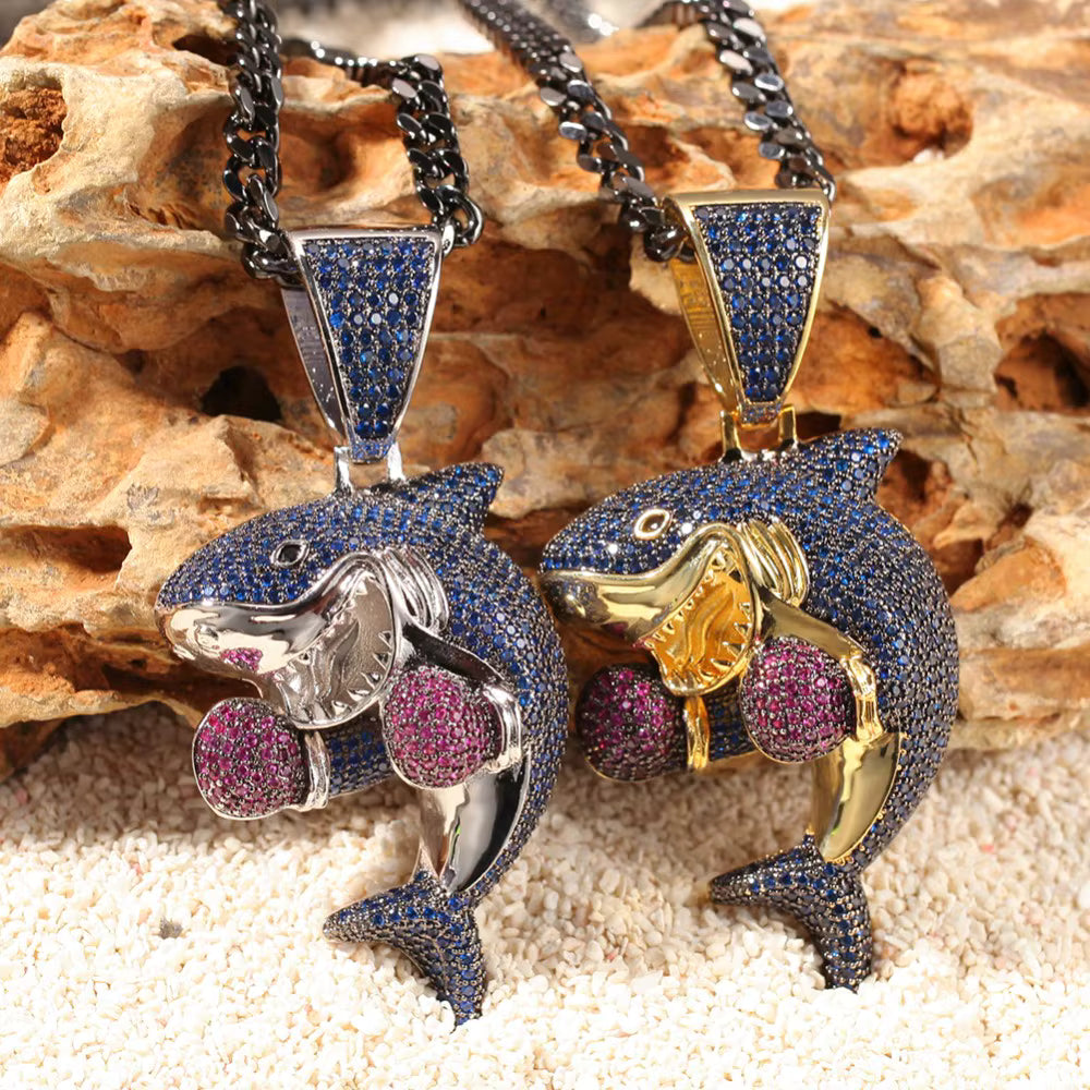 1167 |O| Brass Iced Out CZ Boxing Gloves Shark Pendant | Silver-Tone
