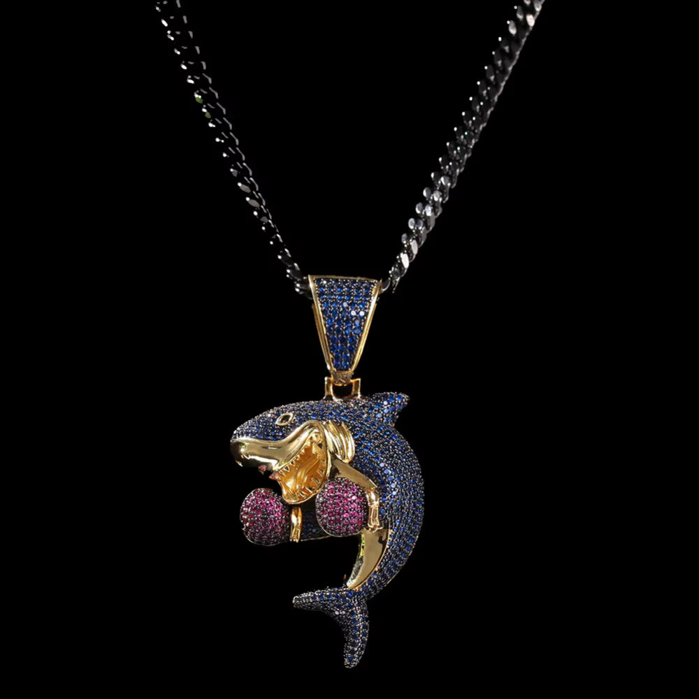 1166 |O| Gold-Plated Brass Iced Out CZ Boxing Gloves Shark Pendant