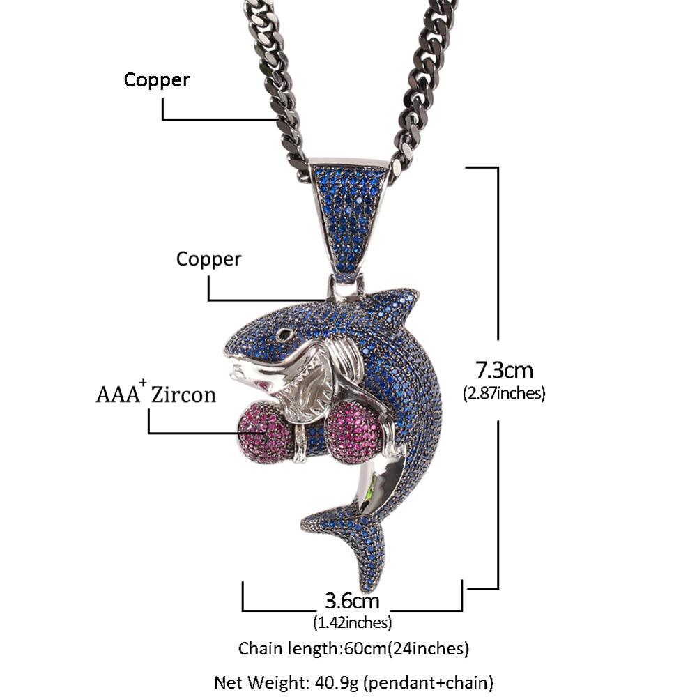 1167 |O| Brass Iced Out CZ Boxing Gloves Shark Pendant | Silver-Tone