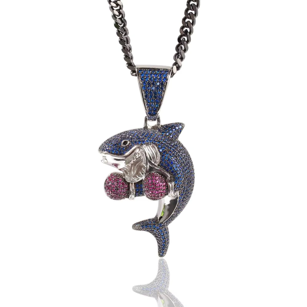 1167 |O| Brass Iced Out CZ Boxing Gloves Shark Pendant | Silver-Tone
