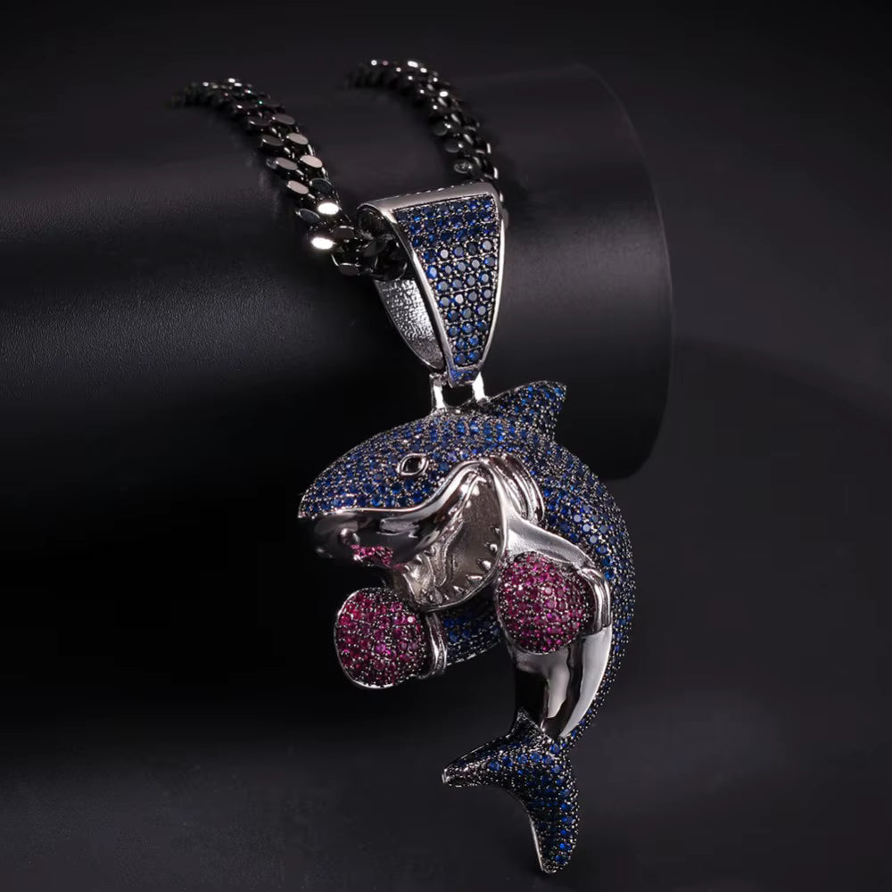 1167 |O| Brass Iced Out CZ Boxing Gloves Shark Pendant | Silver-Tone