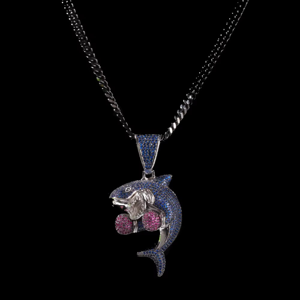 1167 |O| Brass Iced Out CZ Boxing Gloves Shark Pendant | Silver-Tone
