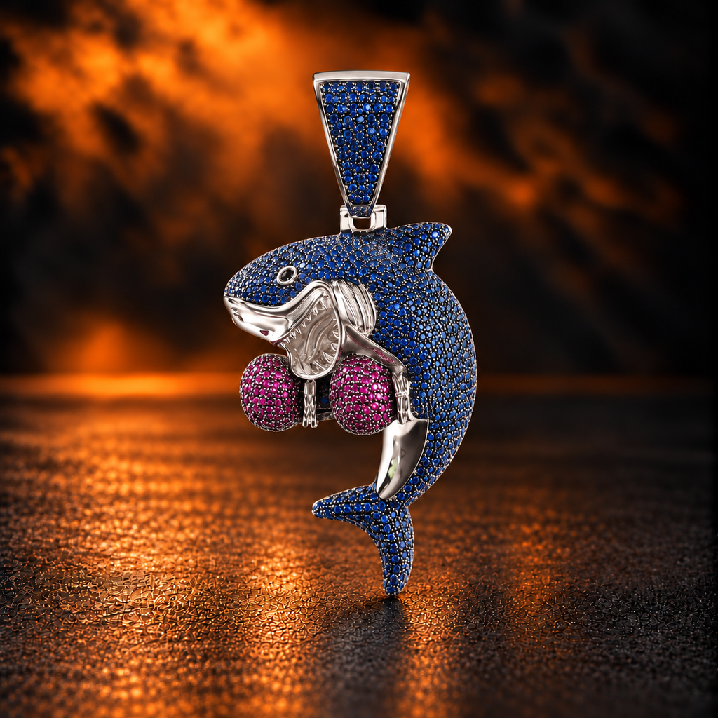 1167 |O| Brass Iced Out CZ Boxing Gloves Shark Pendant | Silver-Tone