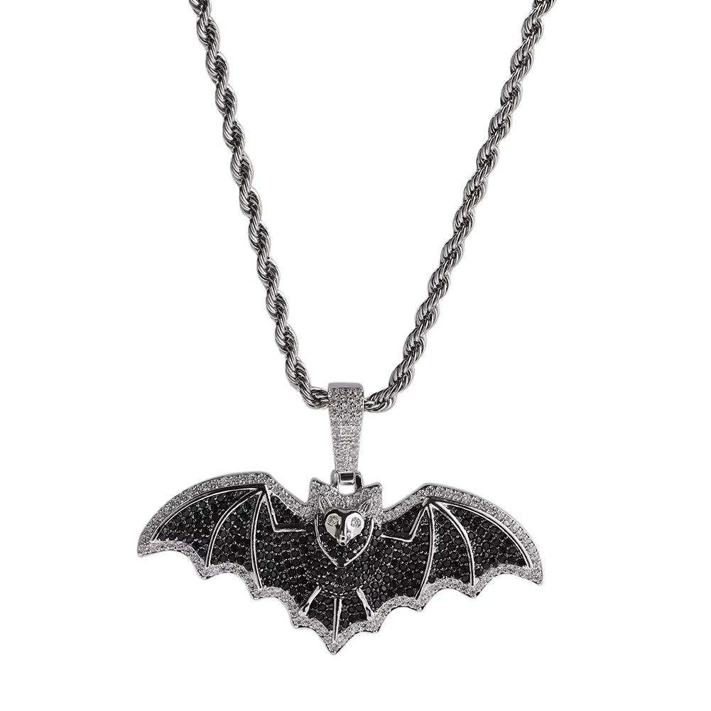 1168 |O| Brass Iced Out 5A Black CZ Bat Pendant | Silver-Tone