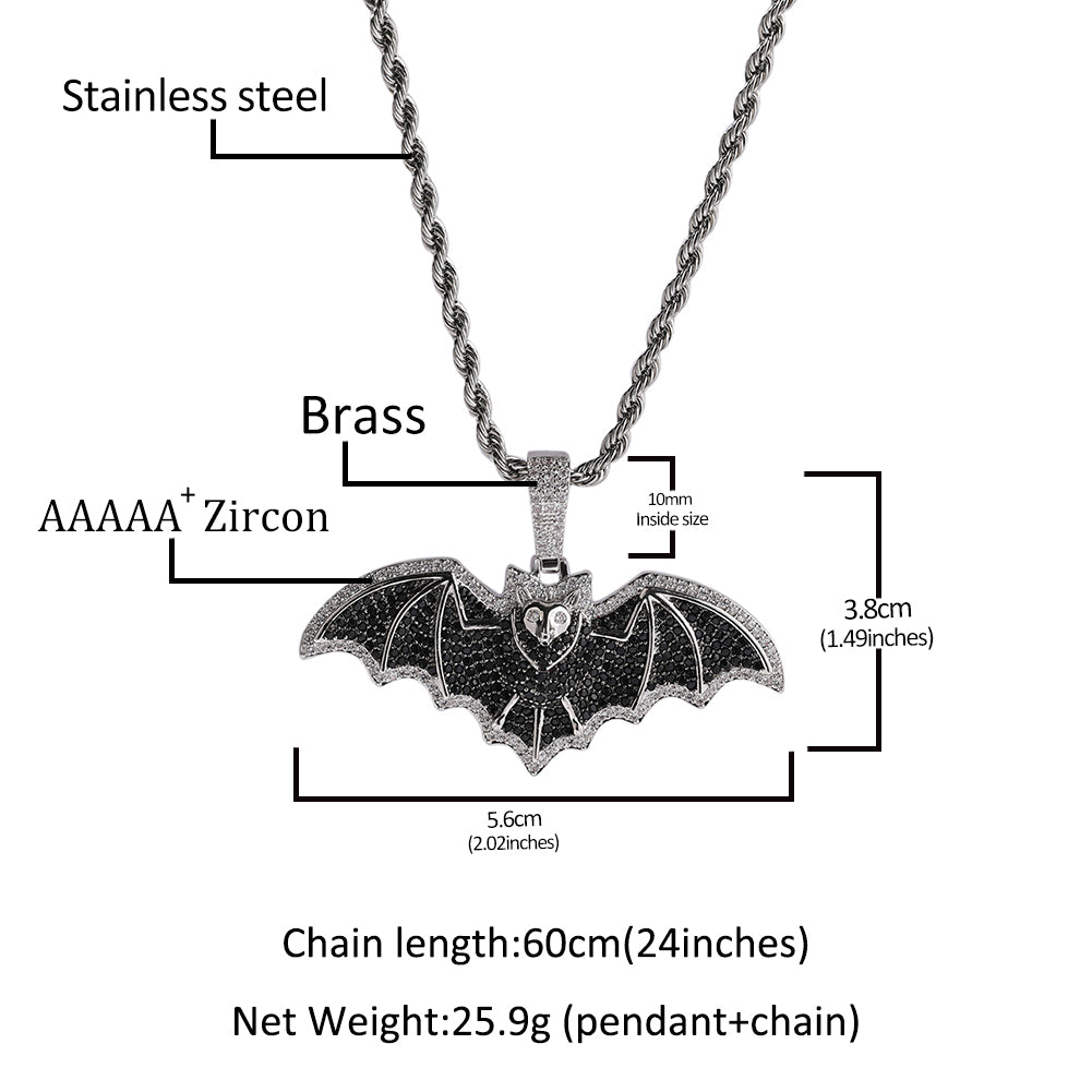 1168 |O| Brass Iced Out 5A Black CZ Bat Pendant | Silver-Tone