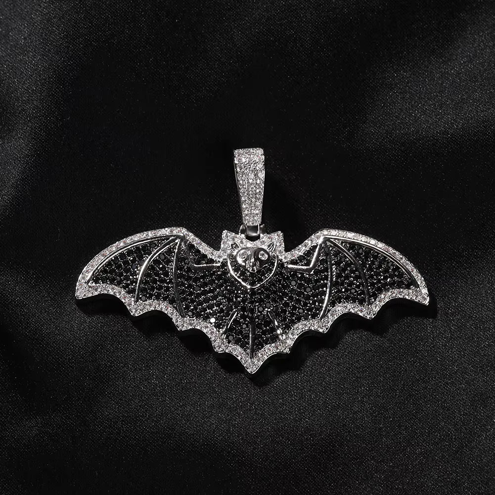 1168 |O| Brass Iced Out 5A Black CZ Bat Pendant | Silver-Tone