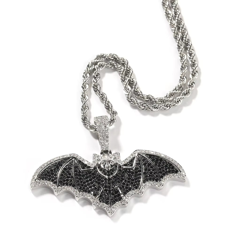 1168 |O| Brass Iced Out 5A Black CZ Bat Pendant | Silver-Tone