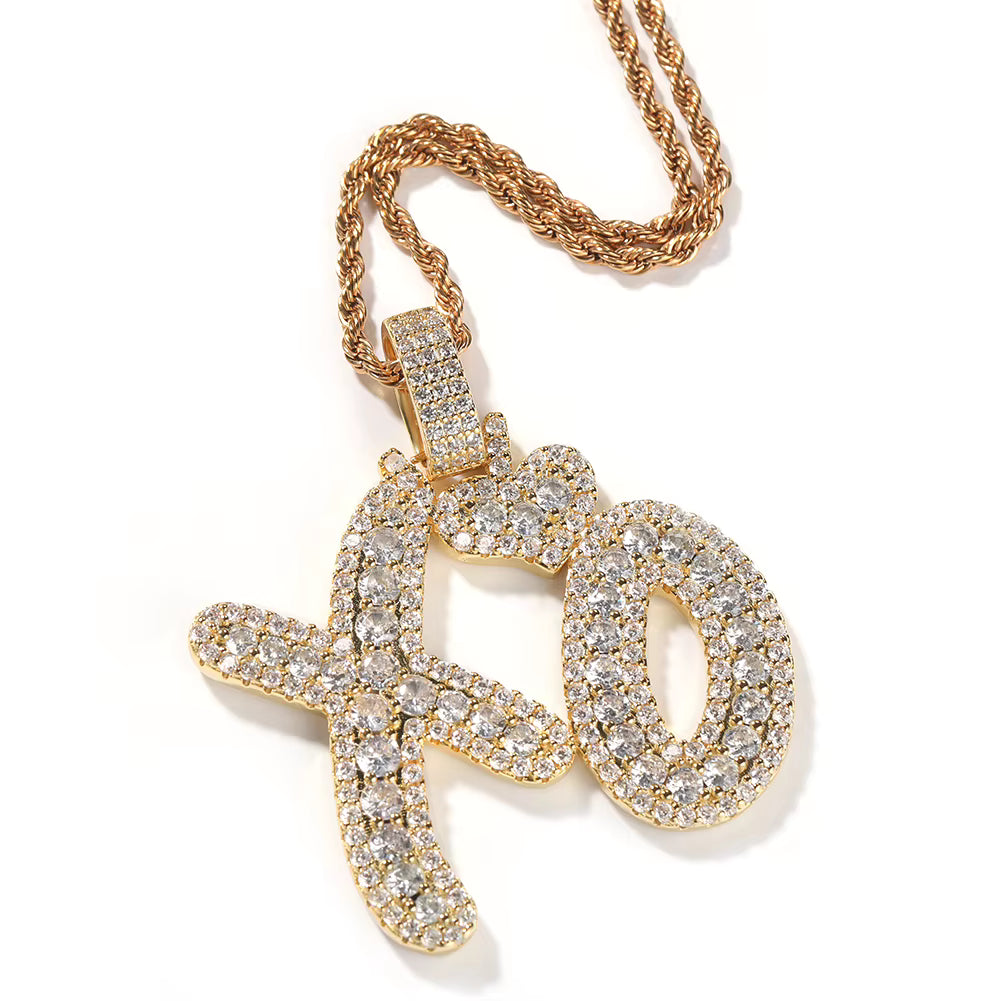 1169 |O| Gold-Plated Brass Iced Out CZ Crown XO Letter Pendant