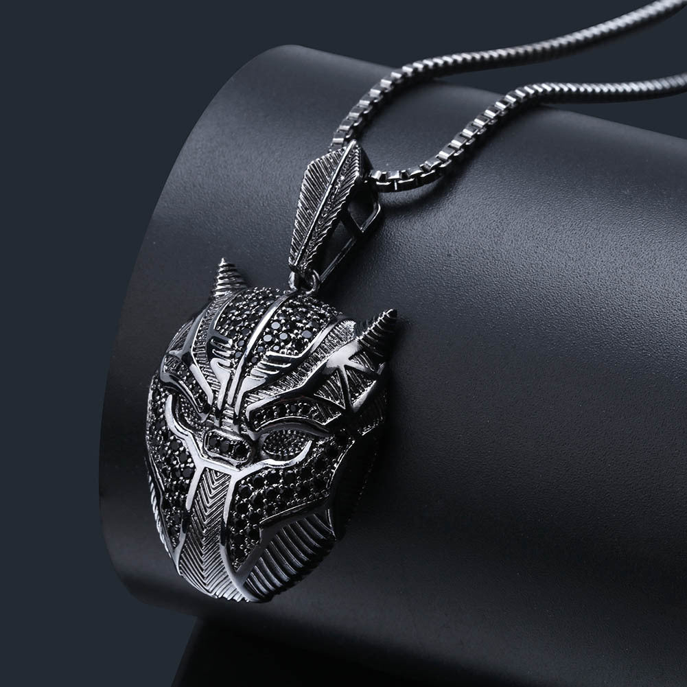 1171 |O| Black Plated Brass Iced Out Black Panther Mask Hero Pendant