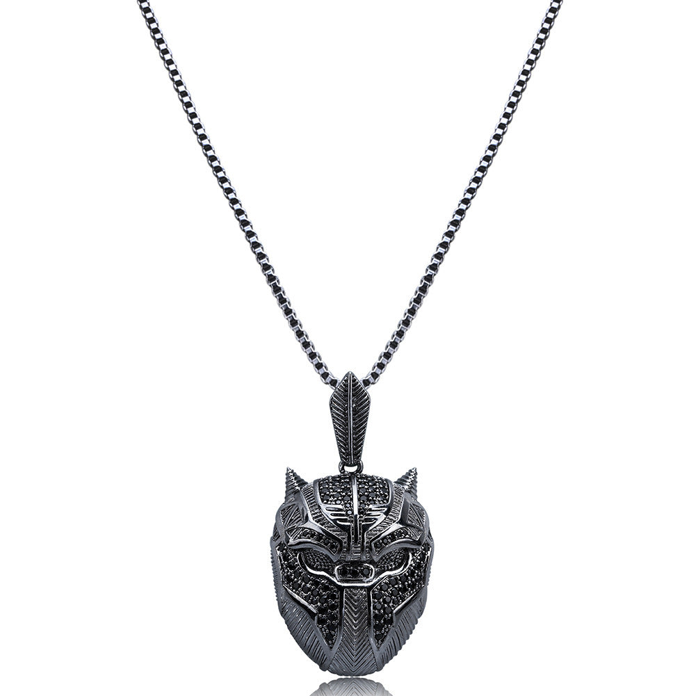 1171 |O| Black Plated Brass Iced Out Black Panther Mask Hero Pendant