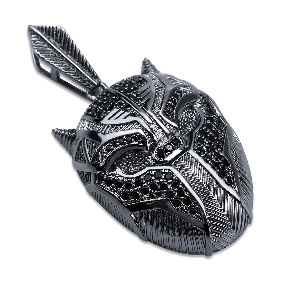 1171 |O| Black Plated Brass Iced Out Black Panther Mask Hero Pendant