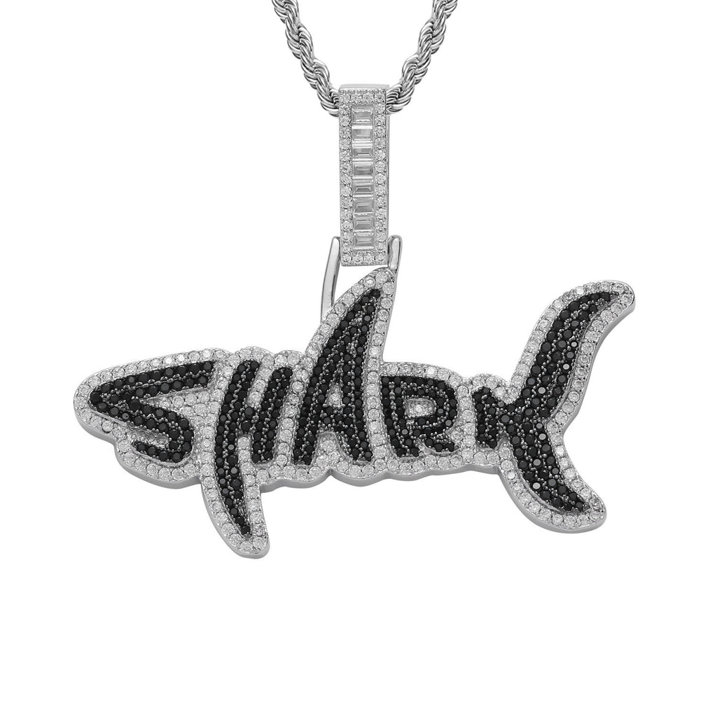 1172 |O| Silver-Plated Brass Iced Out Black CZ SHARK Letter Pendant