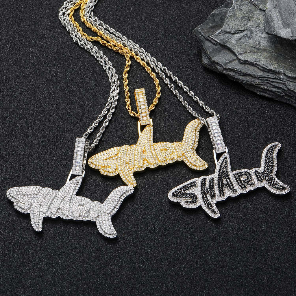 1172 |O| Silver-Plated Brass Iced Out Black CZ SHARK Letter Pendant