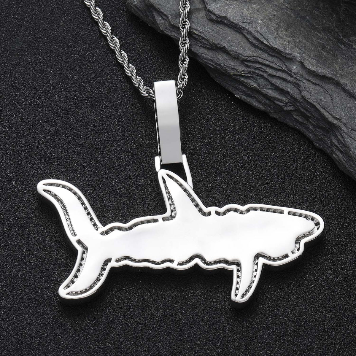 1172 |O| Silver-Plated Brass Iced Out Black CZ SHARK Letter Pendant