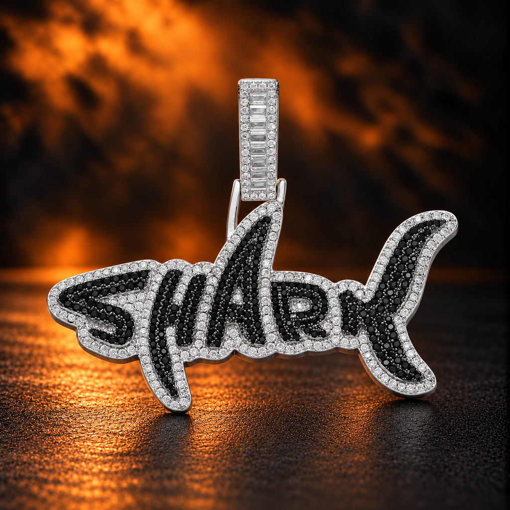 1172 |O| Silver-Plated Brass Iced Out Black CZ SHARK Letter Pendant