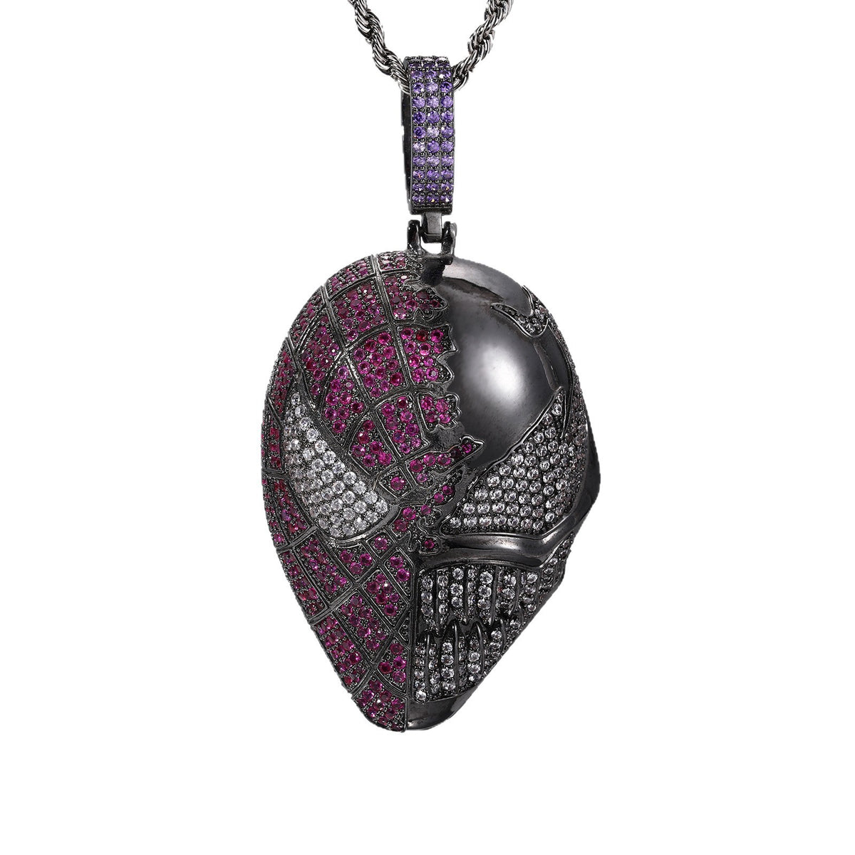 1173 |O| Black-Plated Brass Iced Out CZ Split Spider & Venom Mask Pendant