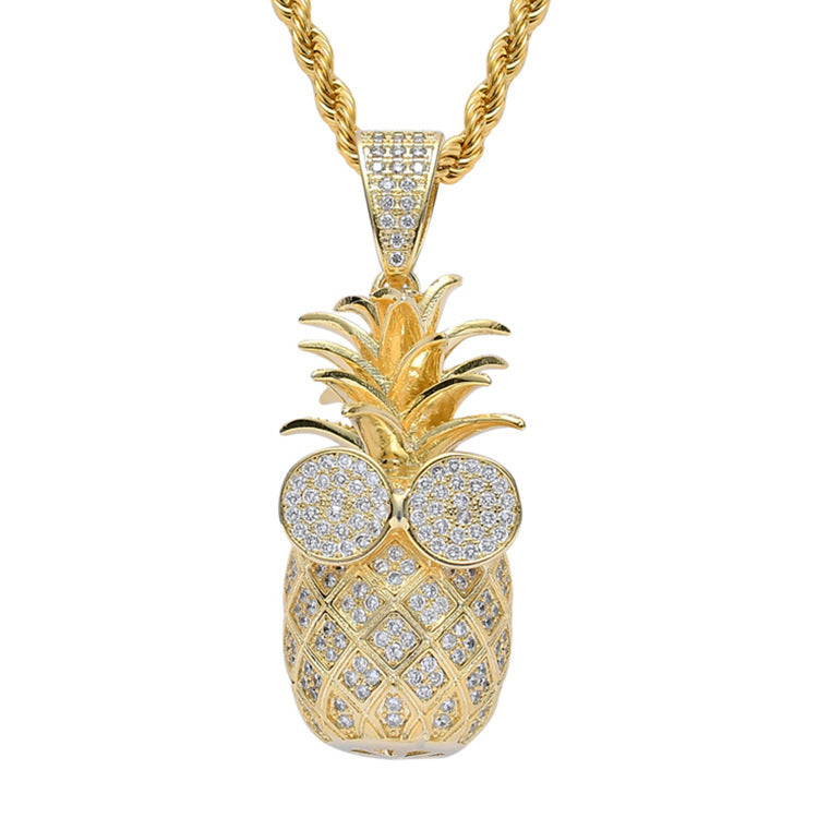 1174 |O| 14K Gold-Plated Brass Iced Out CZ Sunglasses Pineapple Pendant