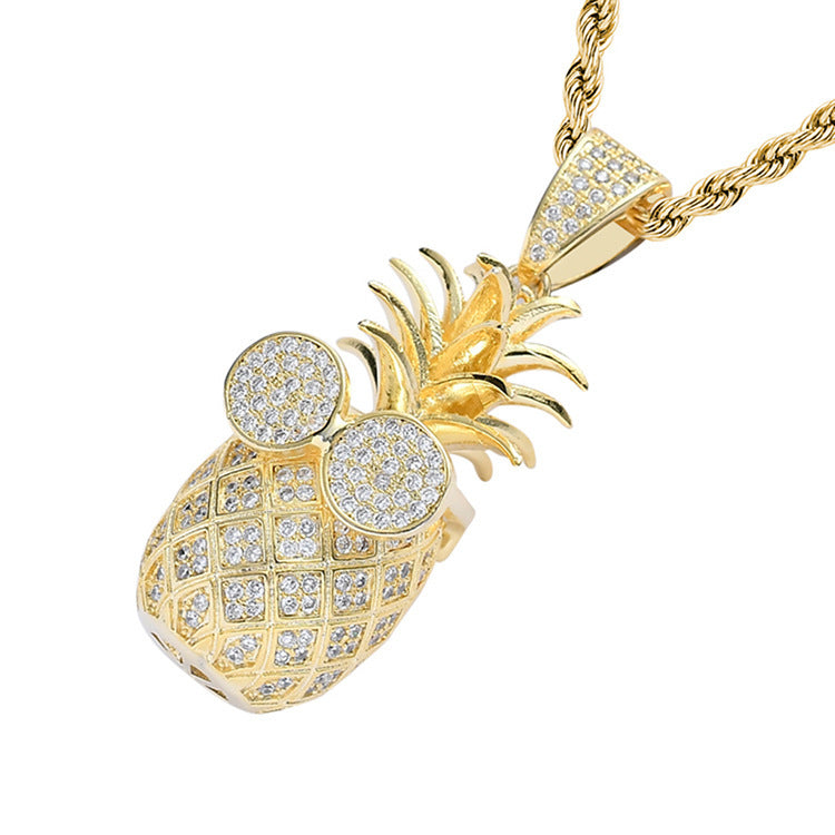 1174 |O| 14K Gold-Plated Brass Iced Out CZ Sunglasses Pineapple Pendant
