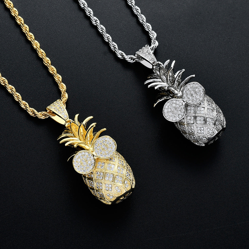 1174 |O| 14K Gold-Plated Brass Iced Out CZ Sunglasses Pineapple Pendant
