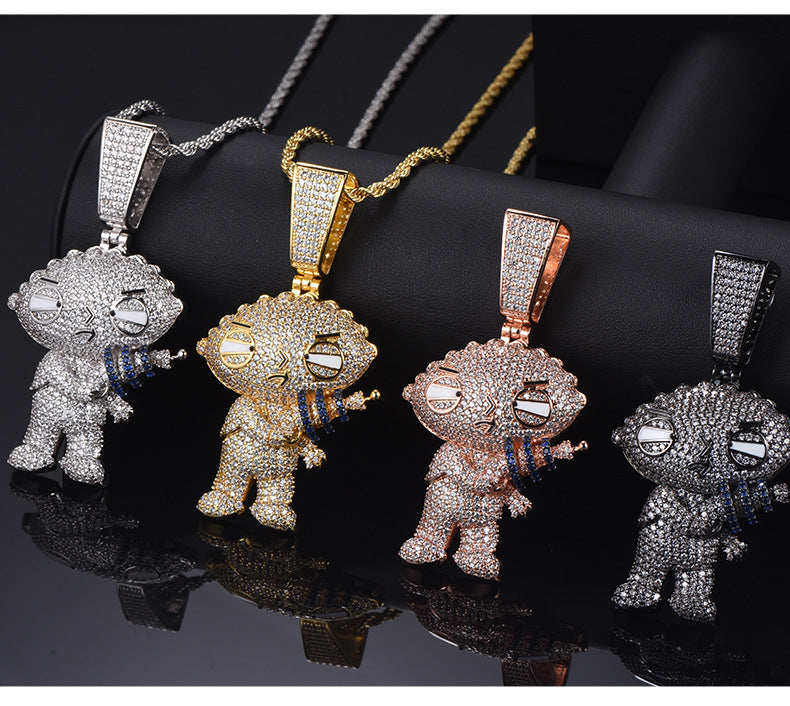 1178 |O| Rose Gold-Plated Brass Iced Out CZ Cartoon Character Blaster Pendant