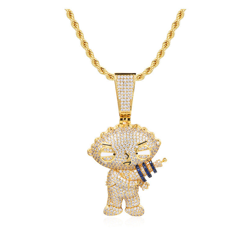 1176 |O| Gold-Plated Brass Iced Out CZ Cartoon Character Blaster Pendant