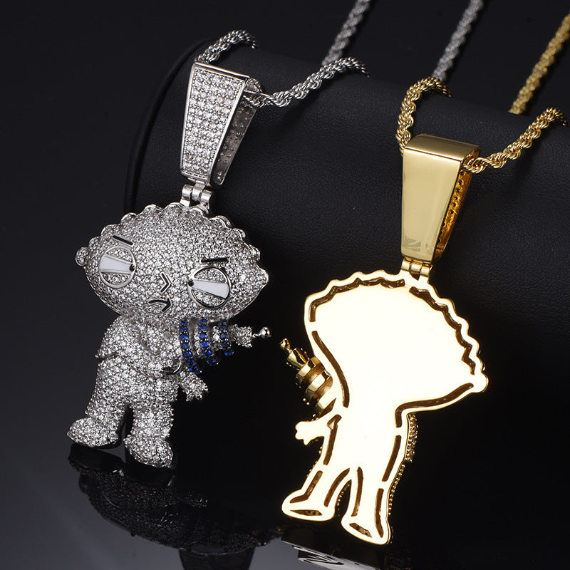1177 |O| Silver-Plated Brass Iced Out CZ Cartoon Character Blaster Pendant