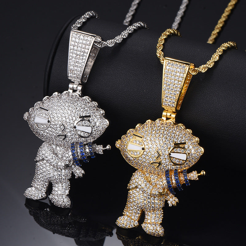 1177 |O| Silver-Plated Brass Iced Out CZ Cartoon Character Blaster Pendant