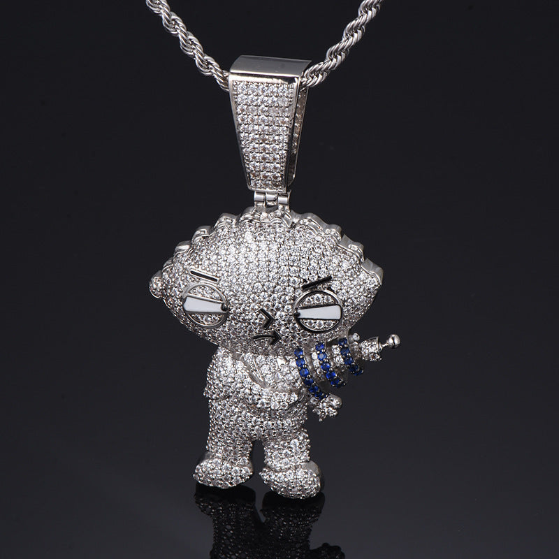 1177 |O| Silver-Plated Brass Iced Out CZ Cartoon Character Blaster Pendant