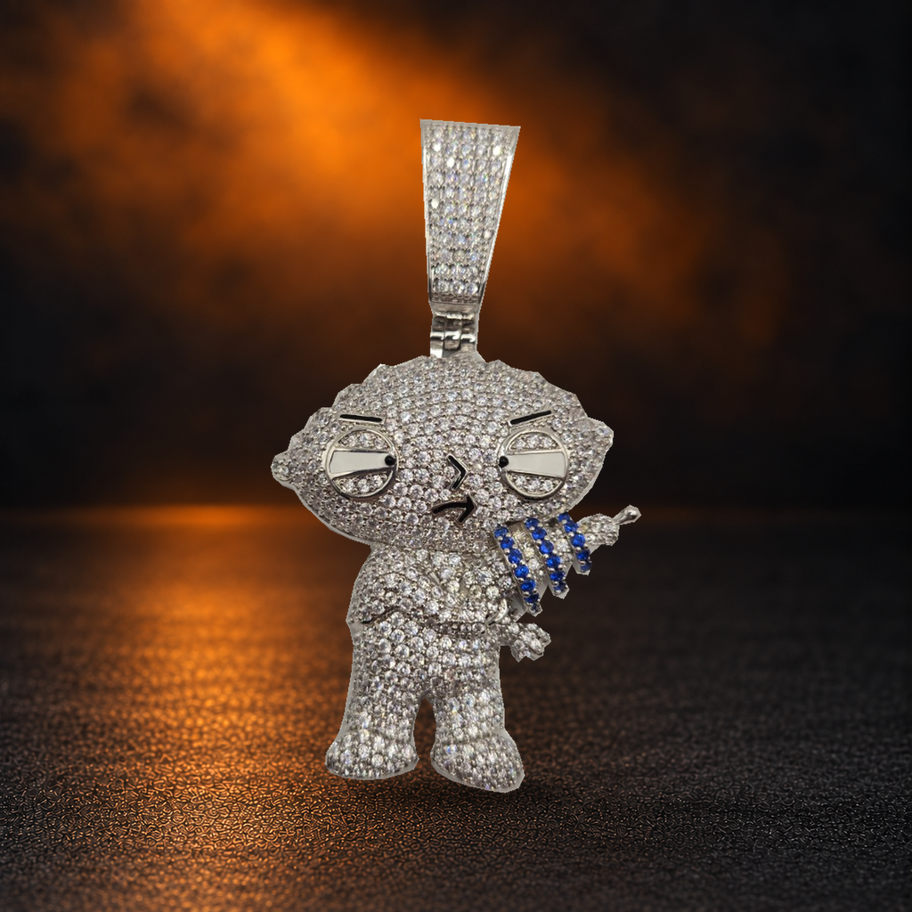 1177 |O| Silver-Plated Brass Iced Out CZ Cartoon Character Blaster Pendant