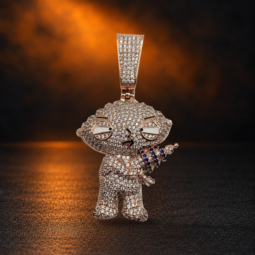 1178 |O| Rose Gold-Plated Brass Iced Out CZ Cartoon Character Blaster Pendant