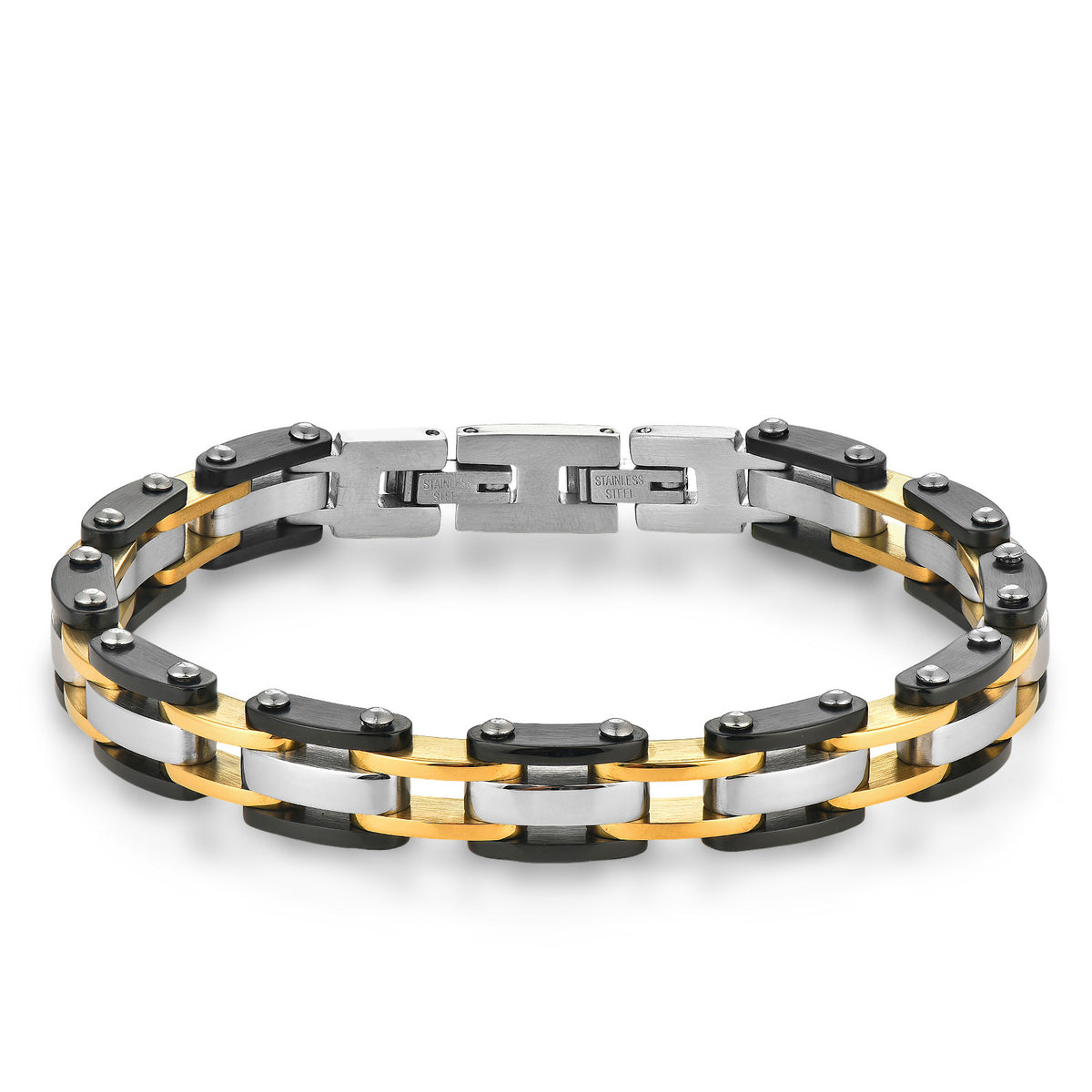 2010 |M| 316 Stainless Steel Three-Tone Geometric Link Bracelet | 8.5 in