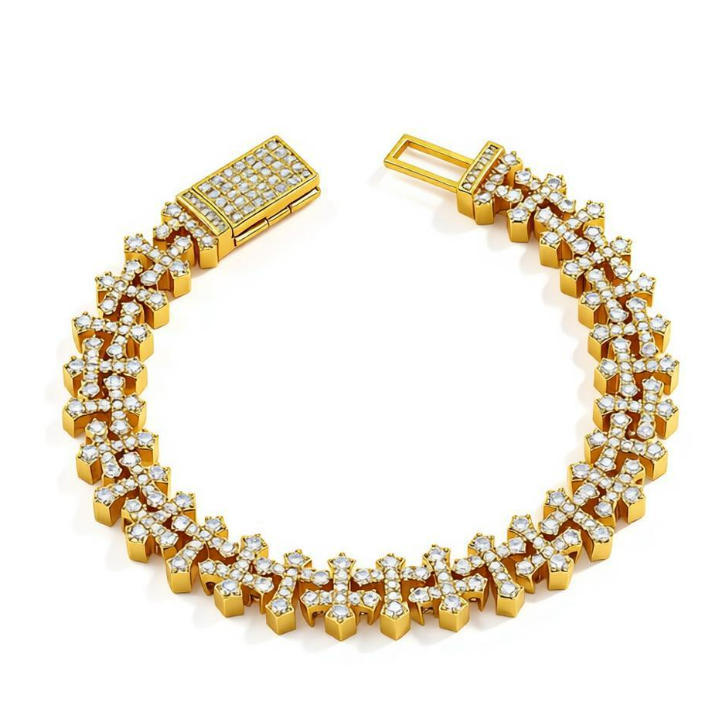 2012 |H| Brass Iced Out Cross Link Bracelet with 5A+CZ Stones | Gold-Plated or Silver-Plated
