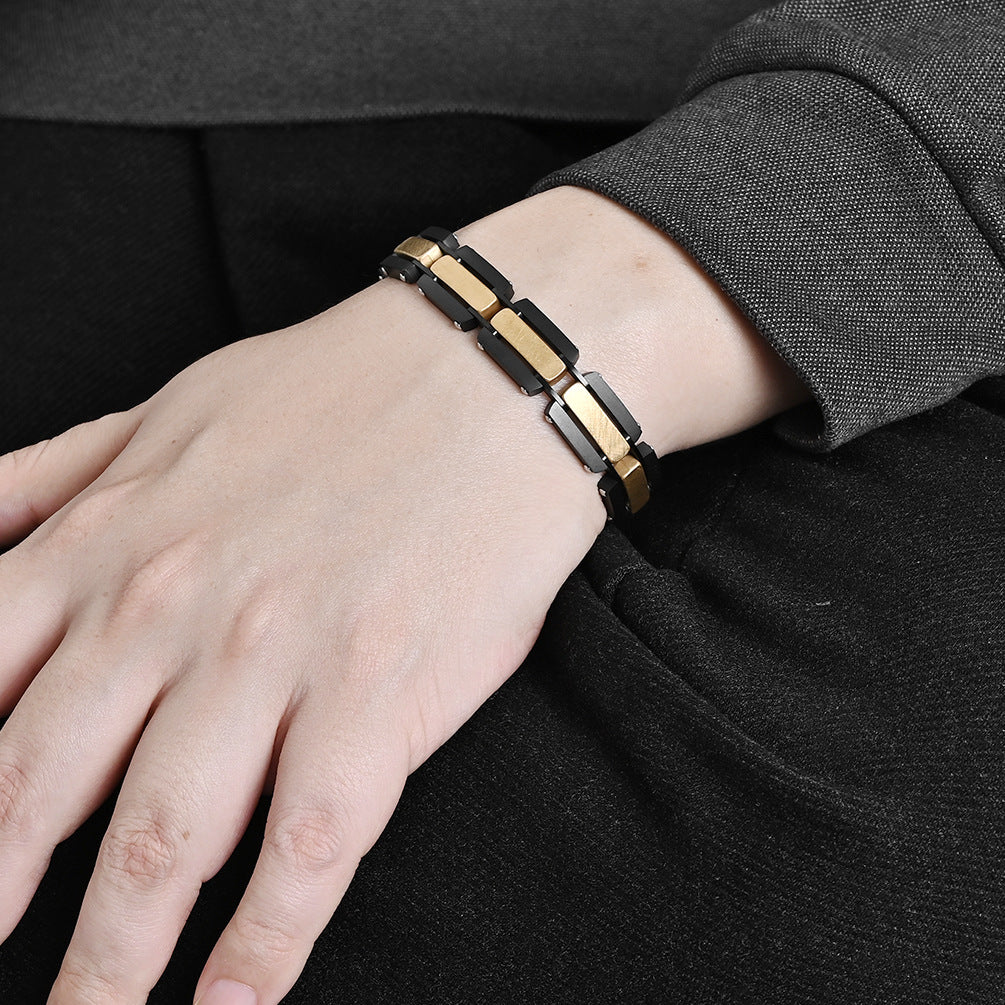 2023 |M| Gold-Plated & Black 316L Stainless Steel Watch Strap Link Bracelet | 8.5"