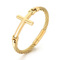 2025 |M| Gold-Plated 316L Stainless Steel Wire Cable Cross Bangle Bracelet | 9"