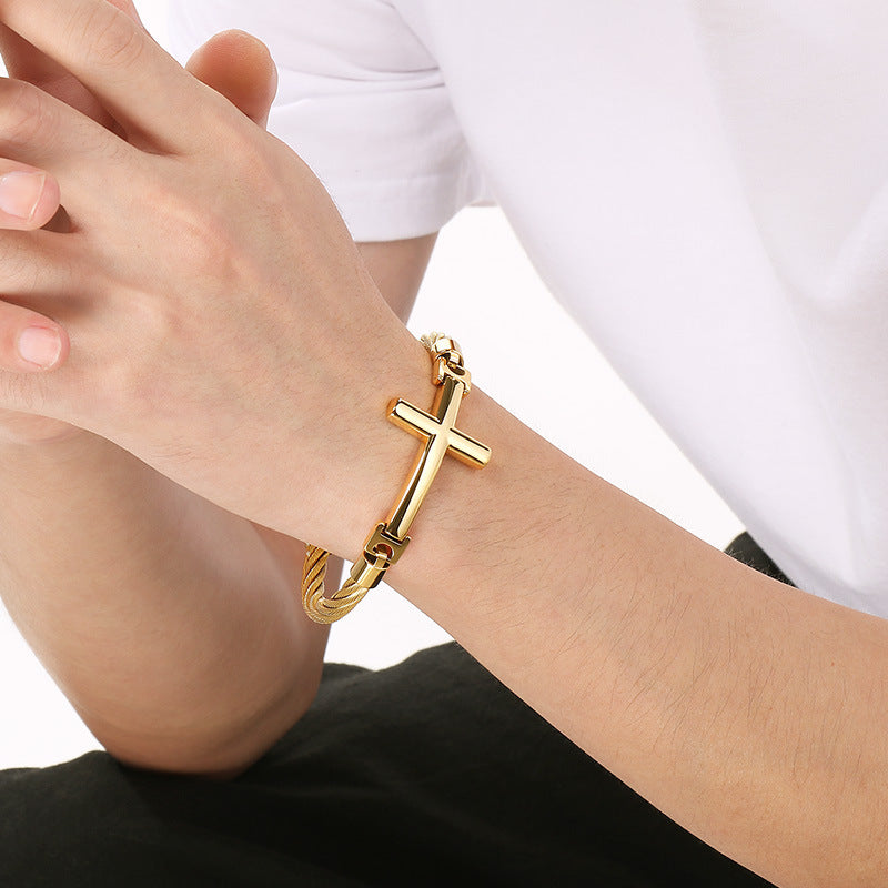 2025 |M| Gold-Plated 316L Stainless Steel Wire Cable Cross Bangle Bracelet | 9"