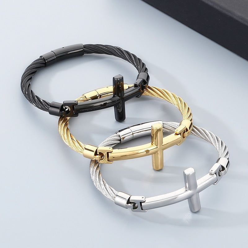 2027 |M| Black Plated 316L Stainless Steel Wire Cable Cross Bangle Bracelet | 9"