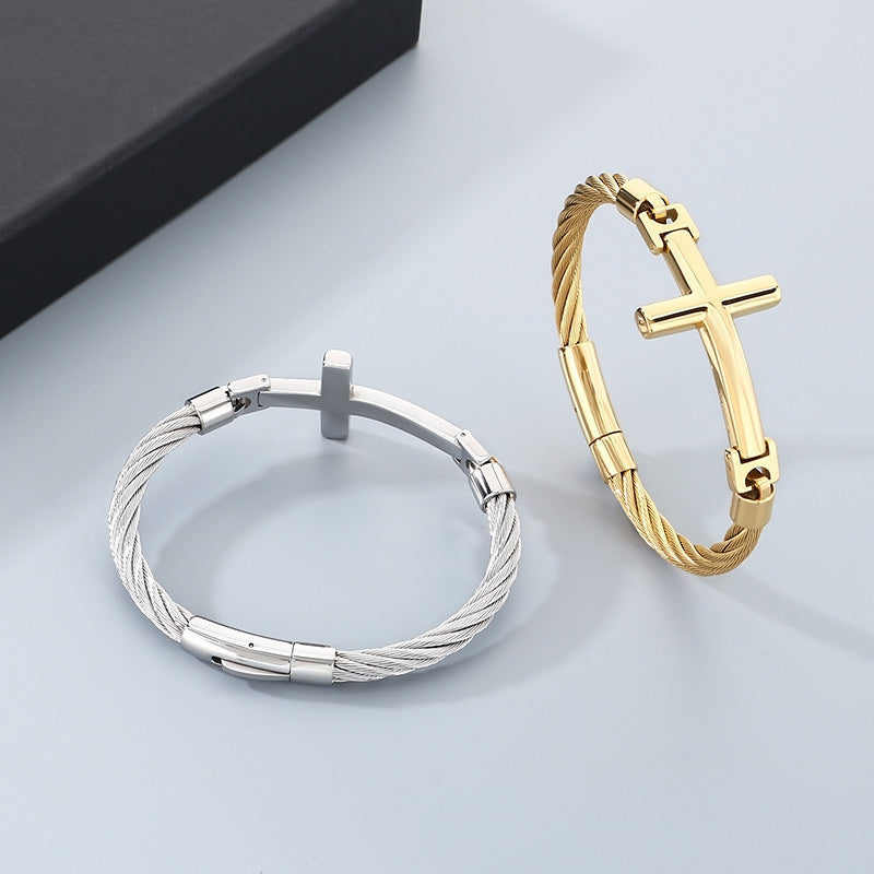 2025 |M| Gold-Plated 316L Stainless Steel Wire Cable Cross Bangle Bracelet | 9"