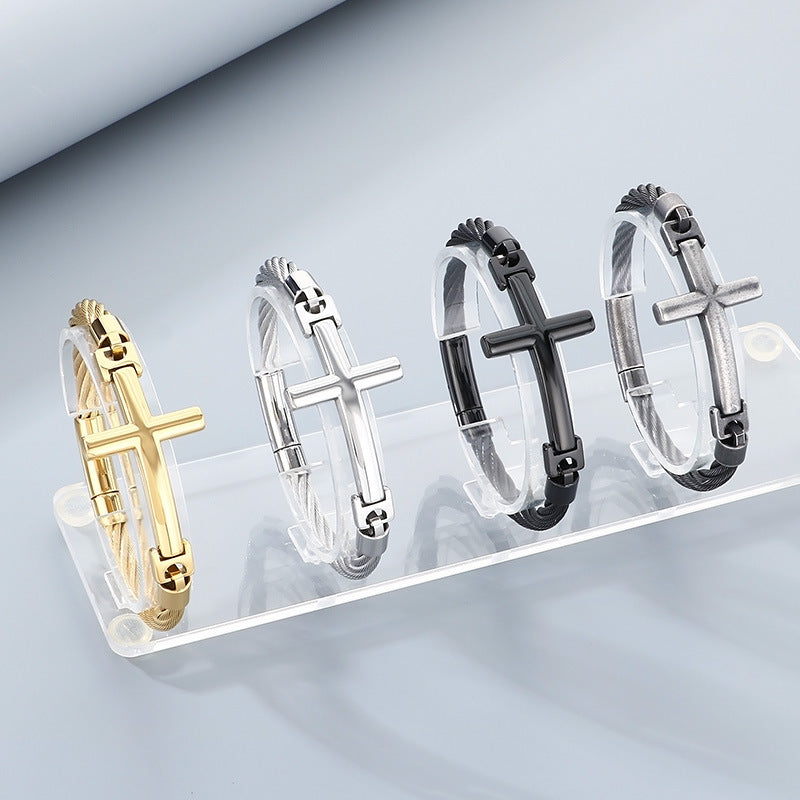 2025 |M| Gold-Plated 316L Stainless Steel Wire Cable Cross Bangle Bracelet | 9"