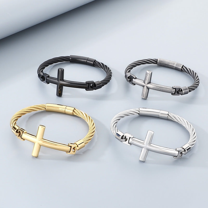 2027 |M| Black Plated 316L Stainless Steel Wire Cable Cross Bangle Bracelet | 9"